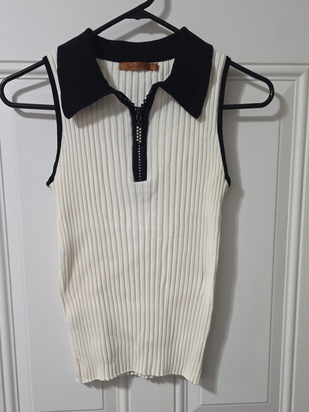 Sleeveless Ribbed Polo Tank with Contrast Collar - White/Black